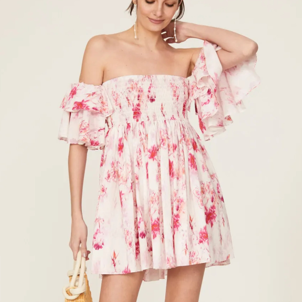 MISA Floral Mini Dress MEDIUM Off Shoulder Smocked Babydoll Party Designer $350